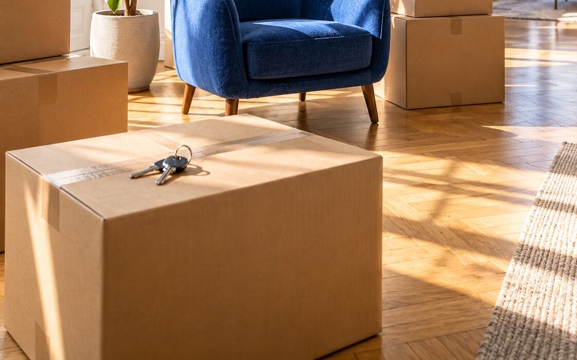 Las llaves de un nuevo hogar sobre una caja de mudanza, junto a un sillón azul